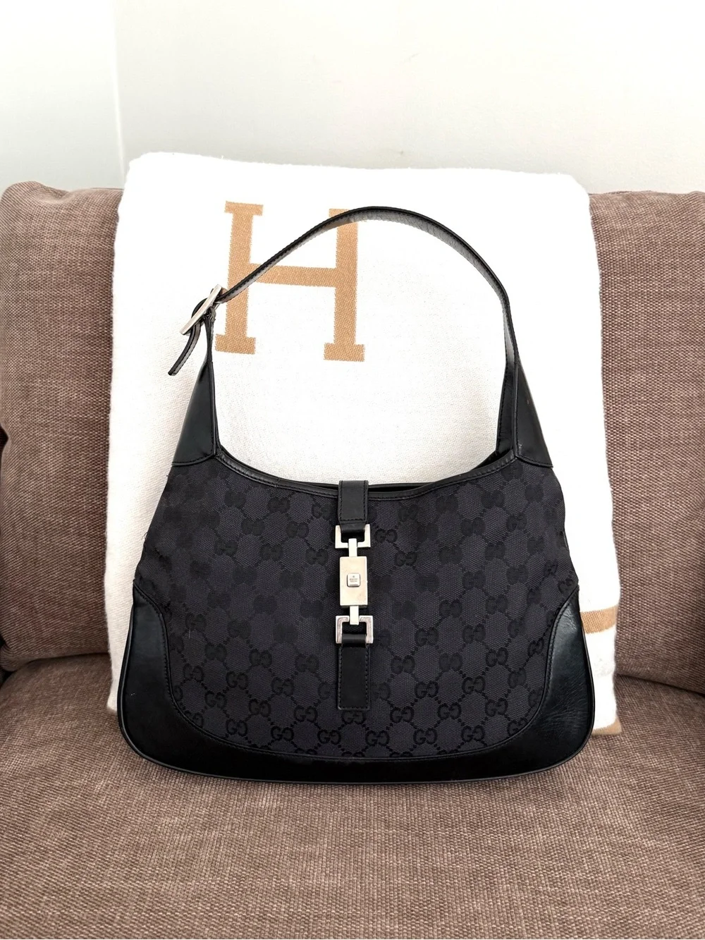 Gucci authentic Jackie hobo bag black monogram canvas black leather shoulder bag